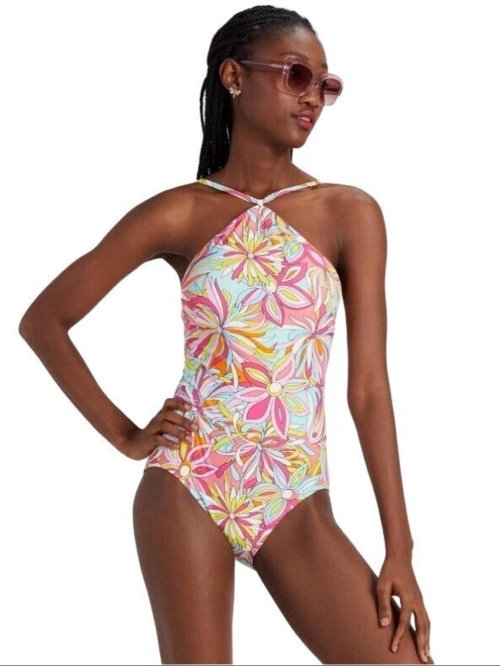 kate spade Multicolor Floral Halter Swimsuit with Pink and Mint